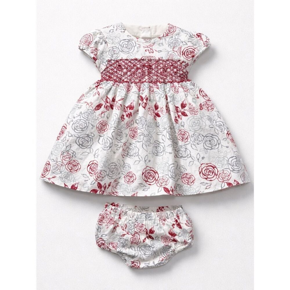 First impressions ivory gray and red smocked dress with bloomers size 6-9 months